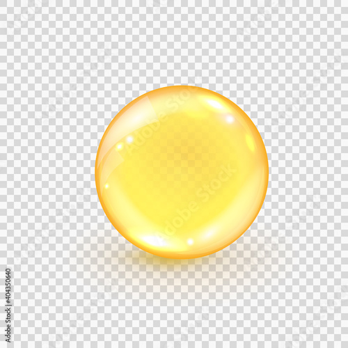 Collagen golden bubble isolated on transparent background. Realistic gold oil ball. Capsule pills of omega-3, fish oil, vitamin E or D. Vector illustration of amber serum droplet for hair or beauty