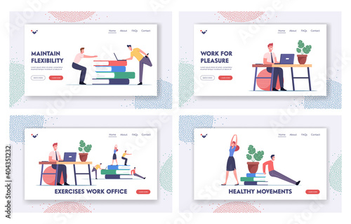 Office Workers Exercising at Workplace Landing Page Template Set. Characters Doing Workout at Work Place Squatting