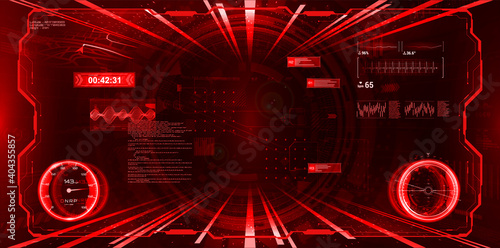 RED VR cockpit with HUD interface and virtual cyberspace. Virtual reality interface for game, vr helmet, cockpit and other. Sky-fi head up display - HUD for GUI, UI. Vector illustration