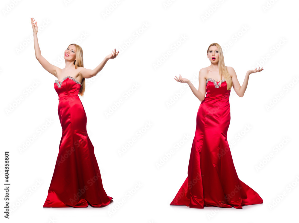 Woman in pretty red evening dress isolated on white