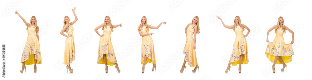 Blond girl in charming dress with flower prints isolated on whit Blond girl in charming dress with flower prints isolated on whit