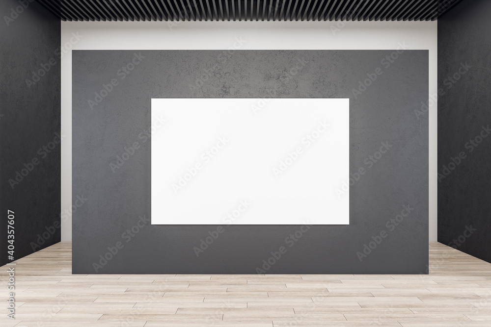 Modern exhibition interior with blank banner on concrete wall. Modern exhibition interior with blank banner on concrete wall.