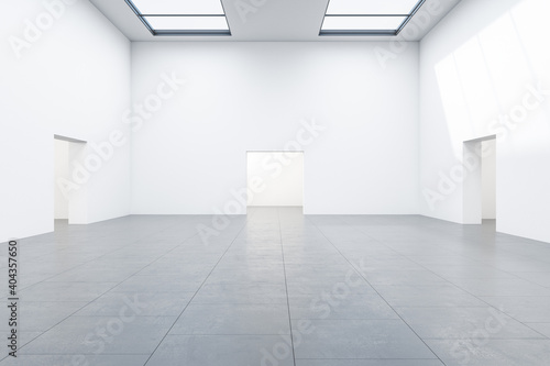 Minimalistic gallery hall with three doors.