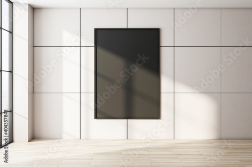 Clean gallery interior with empty black vertical banner.