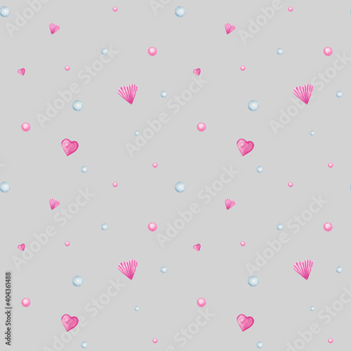Seamless pattern heart Valentine's Day, love Greeting card concept. Watercolor texture for scrapbooking. Wedding, banner, poster design. Hand drawn pink hearts on gray background