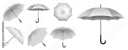 set of realistic umbrella in various type or mock up black and white umbrella closeup or outdoor parasol protection weather waterproof material concept. eps 10 vector, easy to modify