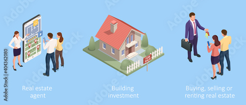 Isometric Concept for Home Agent, Sale and Rent of a House and Buyer or Customer. Property For Sale.