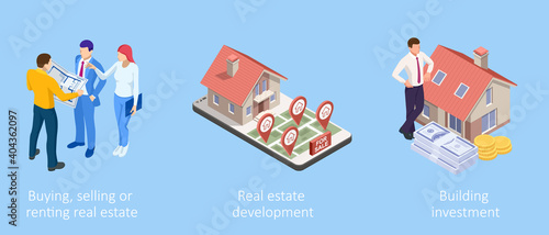 Isometric Concept for Home Agent, Sale and Rent of a House and Buyer or Customer. Property For Sale.