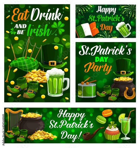 Happy Saint Patrick day, Celtic holiday celebration shamrock clover leaf posters. Vector Eat, Drink and be Irish quote, leprechaun gold coins cauldron, bagpipes and hat, golden horseshoe luck and harp