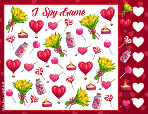 Saint Valentine day I spy game for children. Kids math puzzle with counting task, educational game. Air balloon, heart with arrow and lollypop, tulips bouquet, candle and magic potion cartoon vector