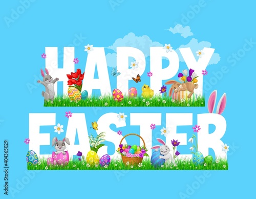 Fototapeta Naklejka Na Ścianę i Meble -  Easter bunnies, chicks and egg hunt basket, religion holiday vector greeting card. Spring green grass and flowers, rabbits, painted eggs and little chicken, butterflies and blooming daffodils