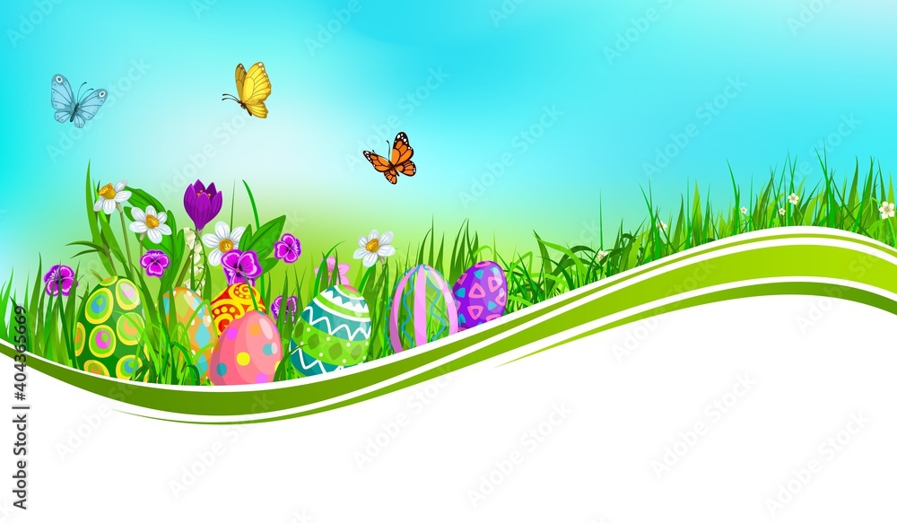 Easter eggs with green grass wave vector banner. Easter holiday eggs, spring grass blades and flowers of daffodils, crocuses, lilies of valley and pansies with flying butterflies and blue sky