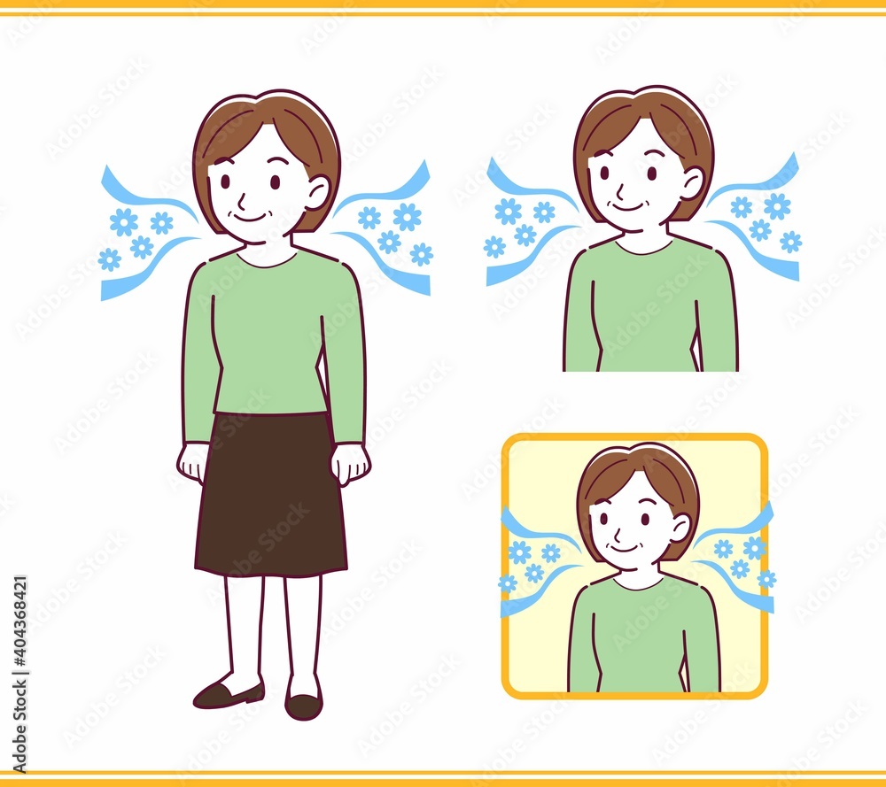 Middle-aged woman in green clothes_smell Middle-aged woman in green clothes_smell
