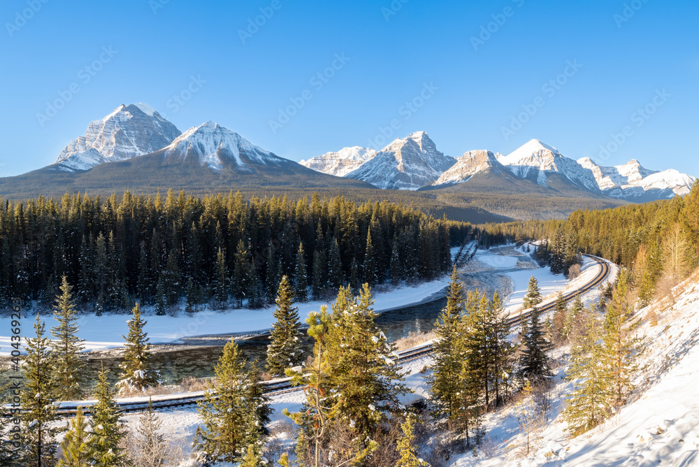 Beautiful view of Morant's curve in winter, in Banff National park, Canada