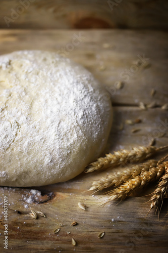 Yeast dough for bread. Flour and spikelets of wheat. Making homemade bread. © Oksana