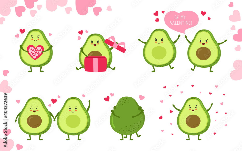 Avocado cartoon character set for greeting card Valentines Day. Hand drawn funny cute green kawaii avocados with hearts balloon, gift and dialog speech bubble. Romantic banner love vector illustration Avocado cartoon character set for greeting card Valentines Day. Hand drawn funny cute green kawaii avocados with hearts balloon, gift and dialog speech bubble. Romantic banner love vector illustration