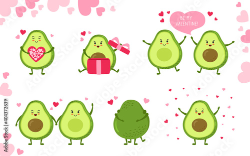 Avocado cartoon character set for greeting card Valentines Day. Hand drawn funny cute green kawaii avocados with hearts balloon  gift and dialog speech bubble. Romantic banner love vector illustration