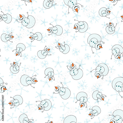 Joyful Snowmen in snowstorm smiling happy seamless vector illustration surface pattern design