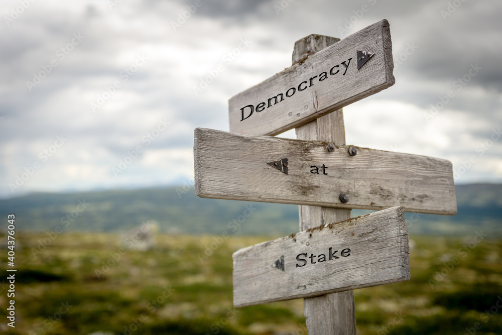 democracy at stake text on wooden signpost outdoors in nature