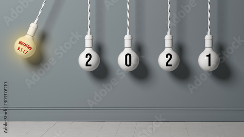 lightbulbs symbolizing a newton cradle with the text MUTATION B.1.1.7 on the first one which hits the others with text 2021 in front of a grey wall photo