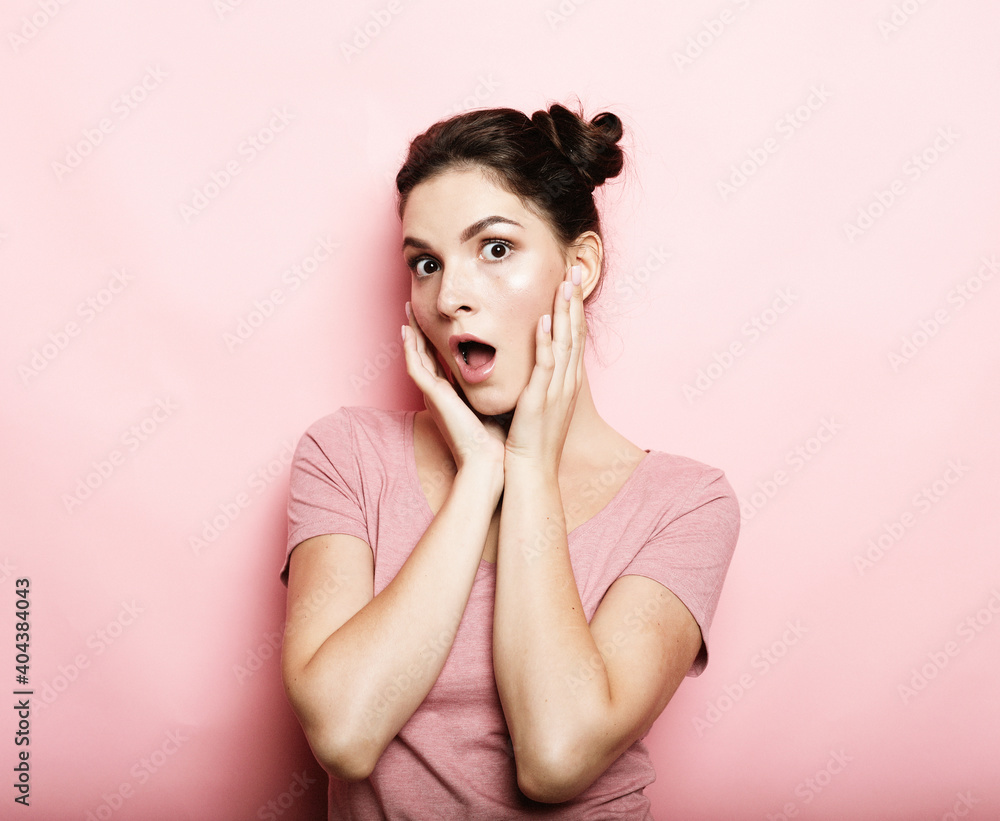 lifestyle, emotion and people concept - Beautiful young female surprised and shocked looks on you.