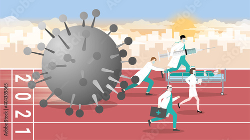 Over the years 2020 and started in 2021. Medical staff doctor nurse and patient fight the epidemic of virus continuously. Running in race track with fast for surviving, immunization,  vaccine syringe.