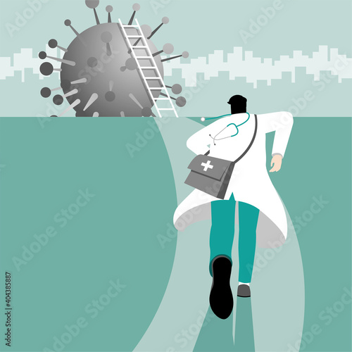 Back view of a doctor with medical equipment bag and stethoscope run to virus for climb ladder and across the pandemic crisis. Medical concept of COVID-19 coronavirus epidemic outbreak and infection.