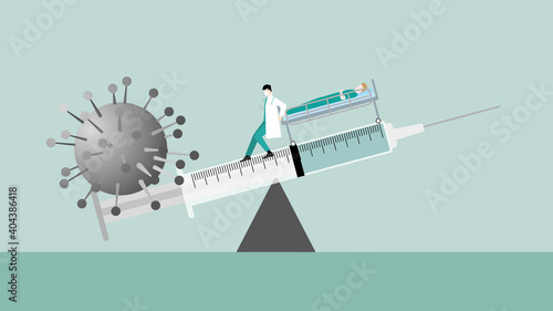 Medical concept. Doctor keeping balance on vaccine syringe on seesaw between virus and patient. Fight the epidemic of the virus. Protection, Prevention, Immunization, Infection control of humanity.