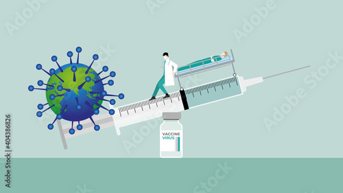 Medical case concept. Doctor keeping balance of syringe on vaccine bottle for virus and infected patient under investigation. Prevent pandemic of the virus, immunization, Infection control of humanity