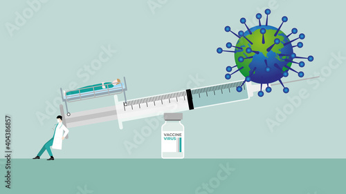 Medical case concept. Doctor keeping balance of syringe on vaccine bottle for virus and infected patient under investigation. Prevent pandemic of the virus, immunization, Infection control of humanity