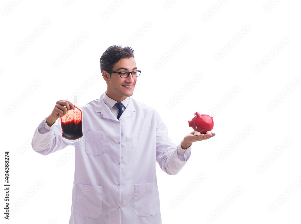 Doctor in blood donation concept isolated on white Doctor in blood donation concept isolated on white