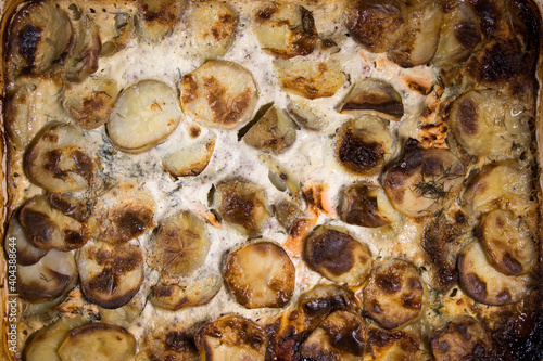 Obraz na plátně Close-up of traditional Swedish lax pudding with potatoes, cream and salmon