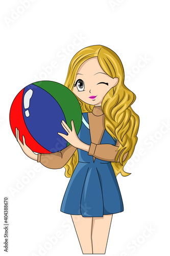 beautiful cartoon grils yellow hair holding ball