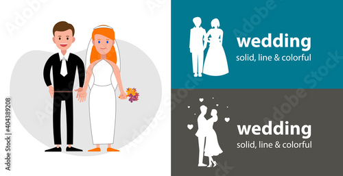 wedding couple isolated vector flat icon. silhouette line solid design element