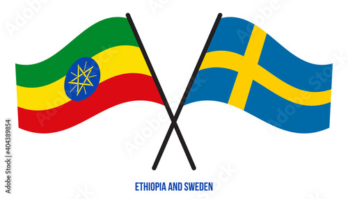 Ethiopia and Sweden Flags Crossed And Waving Flat Style. Official Proportion. Correct Colors.