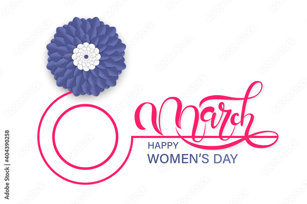 Obraz premium Happy women's day greeting card. Postcard on March 8. Text with flowers and butterflies