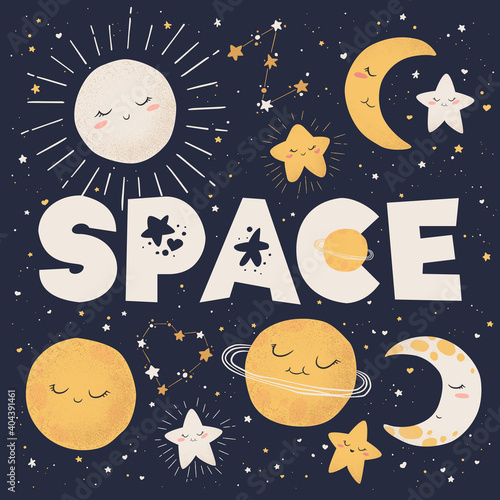 Fototapeta Naklejka Na Ścianę i Meble -  Vector illustration with cute hand drawn cartoon space objects collection sun, moon, planets and stars isolated on blue background. Design for print, fabric, wallpaper, card, nursery