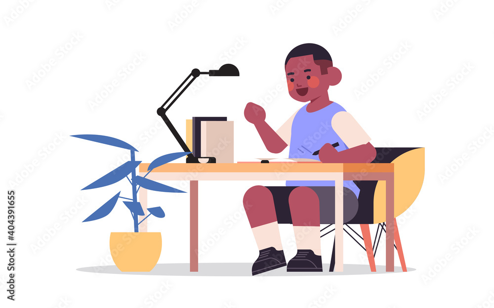 little african american boy studying and doing school homework education childhood concept full length horizontal vector illustration