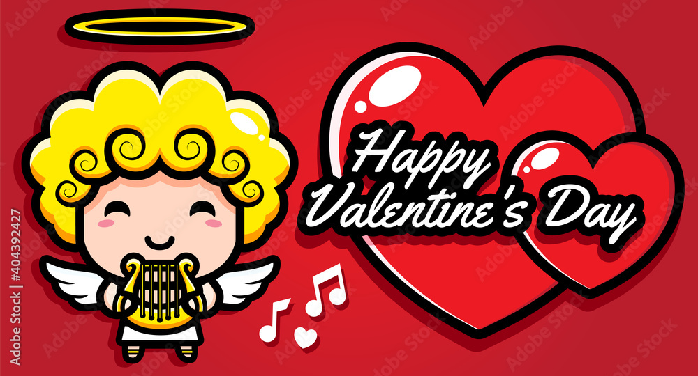 Cute cupid character design holding harp with love on valentines day happy greeting card Cute cupid character design holding harp with love on valentines day happy greeting card