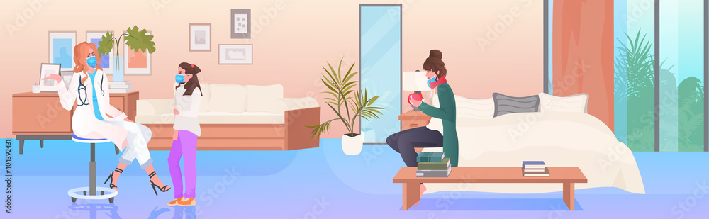 family doctor in mask and protective suit examining mother and child patients covid-19 pandemic concept living room interior horizontal full length vector illustration