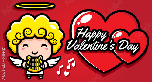 Cute cupid character design holding harp with love on valentines day happy greeting card