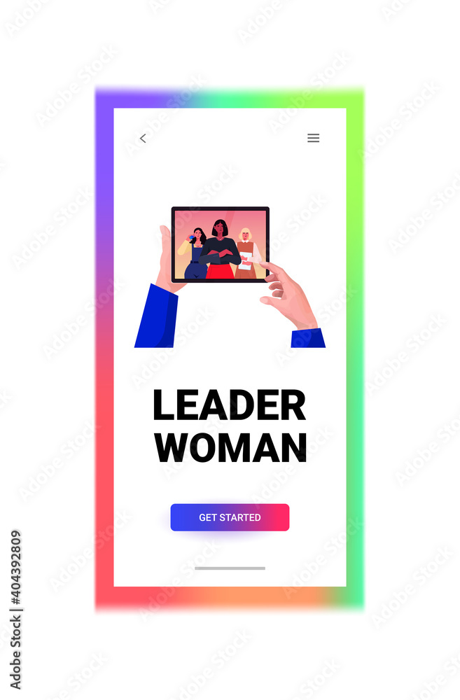 businessperson hands using tablet pc discussing with mix race businesswomen leaders during video call virtual communication concept portrait vertical copy space vector illustration