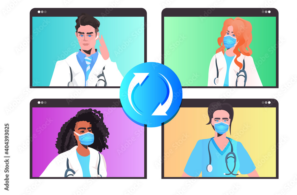 mix race doctors in masks discussing during video call online consultation virtual conference fight against covid-19 concept portrait horizontal vector illustration mix race doctors in masks discussing during video call online consultation virtual conference fight against covid-19 concept portrait horizontal vector illustration
