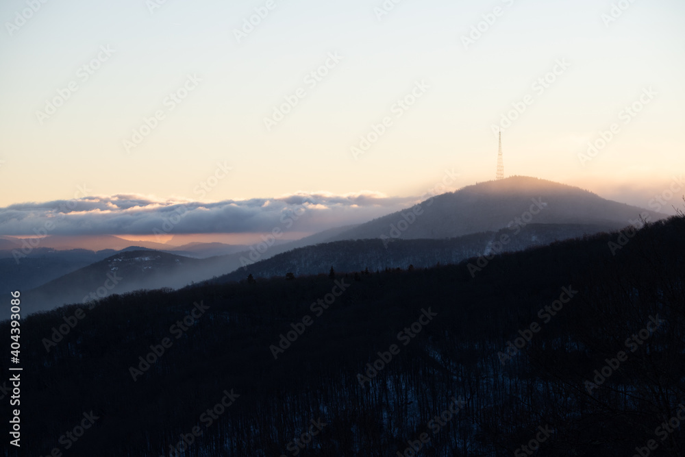 View of Fog Rolling over Mountains from Rough Ridge on the Blue Ridge Parkway at Sunset