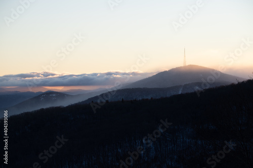 View of Fog Rolling over Mountains from Rough Ridge on the Blue Ridge Parkway at Sunset