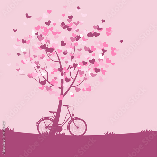 Valentines  template with heart tree and bike in pink background. Vector illustration.