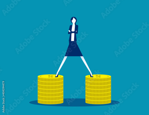 The women stepped on the money on both sides. Business finance and economy