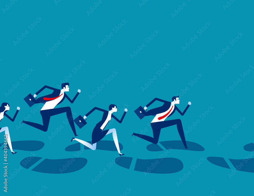 A group of business people running along huge footprints A group of business people running along huge footprints
