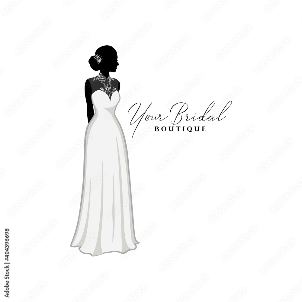 Beautiful Bridal Lace Gown, Bridal Boutique Logo, Bridesmaid Gown Logo Vector Design Template
