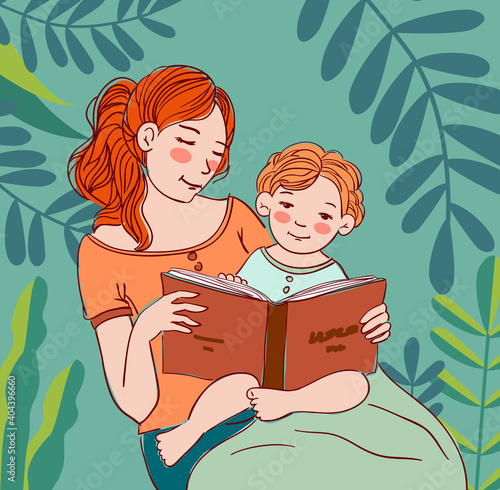 Young mother with baby reading book in the garden. Family, early development, activity, learning. Nature landscape background. Summer holidays illustration. Vacation time